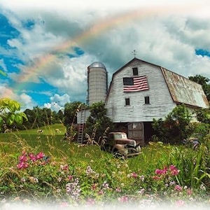 Barn Farm Scenic Landscape Rainbow Country Rural Sun Up to Sun Down 33" x 43" Digital Print Panel 100% Cotton from Hoffman Fabrics