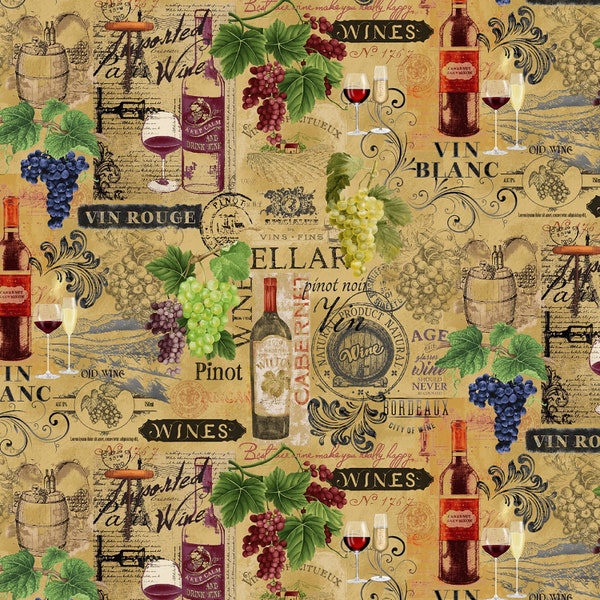 Vintage Wine Fabric Wine and Grapes in Biege Premium Quality 100% Cotton Fabric From Timeless Treasures