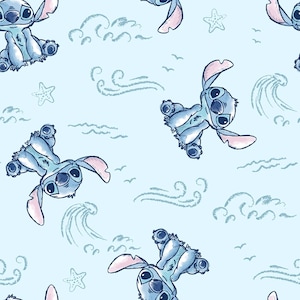 May include: A light blue seamless pattern featuring the character Stitch from Lilo & Stitch. The design includes Stitch in various poses, along with waves, seagulls, and starfish. The overall theme is a playful, cartoonish style.