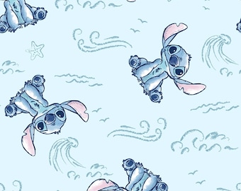 Disney Lilo & Stitch Fabric Stitch Sketch with Waves on Light Blue 100% Cotton Fabric From Springs Creative