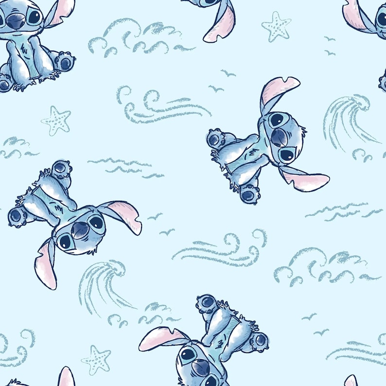 May include: A light blue seamless pattern featuring the character Stitch from Lilo & Stitch. The design includes Stitch in various poses, along with waves, seagulls, and starfish. The overall theme is a playful, cartoonish style.