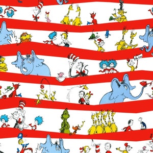 Dr. Seuss Fabric The Cat In The Hat Stripe in White Premium Quality 100% Cotton Fabric  From Robert Kaufman