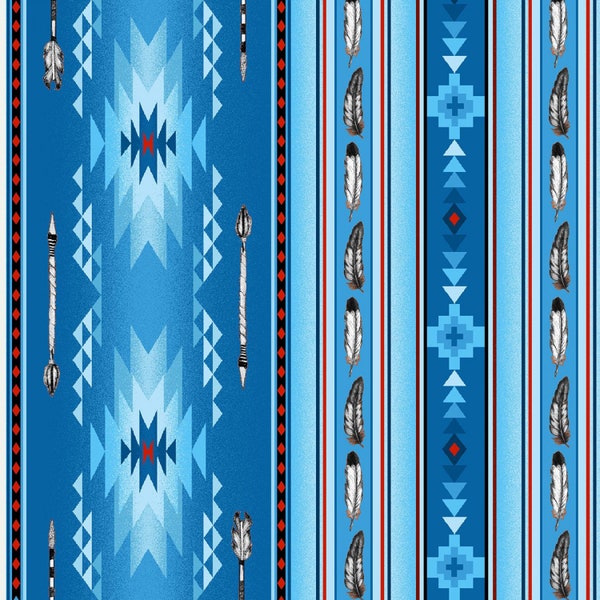Native Spirit Arrows and Feathers in Blue 100% Cotton Fabric From Elizabeth's Studios