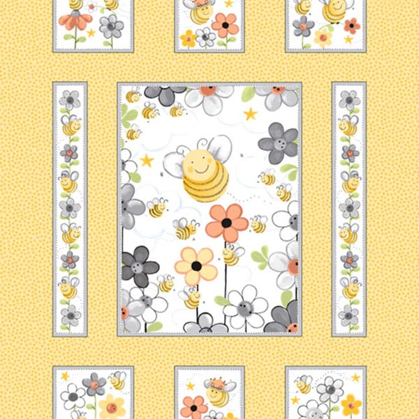 Sweet Bees Fabric Cheerful Sweet Bees Panel on Yellow 100% Cotton Fabric from Susybee
