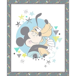 May include: A white fabric featuring Mickey Mouse and Pluto embracing within a light blue circle. The design includes stars and triangles in various colors, with a gray border adorned with similar shapes.