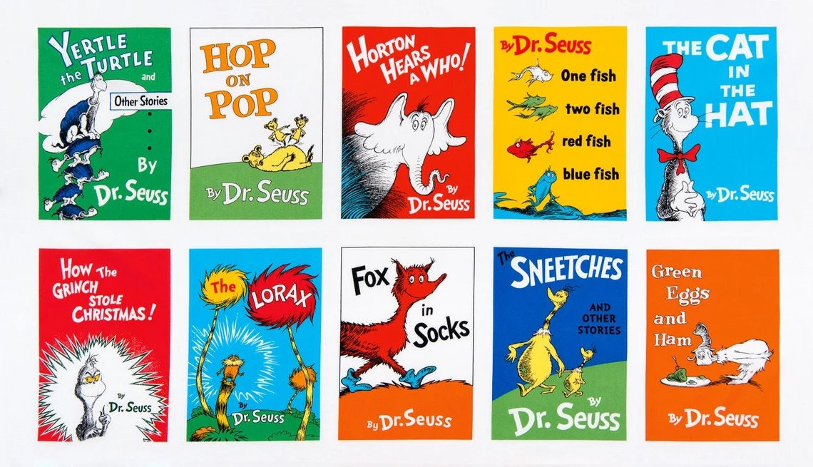 Dr Seuss Fabric Celebrate Seuss Book Cover Panel in White From Robert Kaufman 100% Premium Quality Cotton