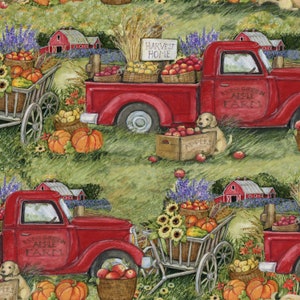Harvest Fabric Red Truck with Pumpkins in Green 100% Cotton Fabric From Springs Creative