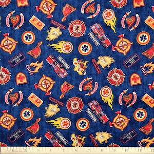 May include: Blue fabric with a repeating pattern of red, yellow, and white firefighter themed images. The images include fire trucks, fire hydrants, axes, stars, and the words "Firefighter", "Chief", "Marshall", and "FD".