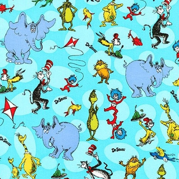 Dr. Seuss Fabric The Cat In The Hat Characters in Blue Premium Quality 100% Cotton Fabric  From Robert Kaufman