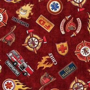 May include: A red background with a repeating pattern of firefighter and emergency medical symbols. The symbols include fire trucks, axes, helmets, and stars of life. The text "Firefighter", "Fireman", "Volunteer", "Dept", "Chief", and "Fire Marshall" are included in the pattern.