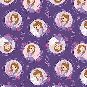 May include: Purple background with a repeating pattern of a princess in a purple dress with a crown. The princess is surrounded by flowers and vines. The pattern is in a circle with a dotted border.