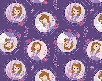 Disney Fabric Sofia the First Floral Frame in Grape Premium Quality 100% Cotton Fabric From Camelot