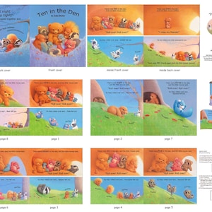 May include: A colorful children's book illustration showing a group of animals, including a bear, raccoon, squirrel, and birds, inside a den. The text on the cover reads "Ten in the Den" by John Butler. The book is part of a multi-page set.