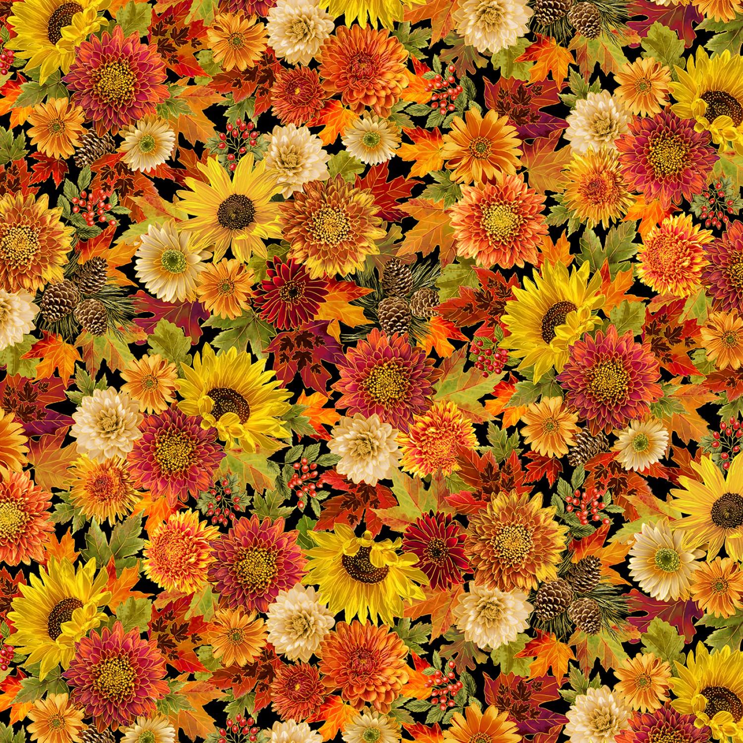 Packed Harvest Bouquets Metallic Harvest Autumn Leaves in Black 100% Cotton Fabric from Timeless Treasures