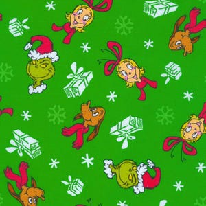 Dr. Seuss How the Grinch Stole Christmas Grinch Cindy and Dog Toss in Green 100% Cotton Fabric from Robert Kaufman