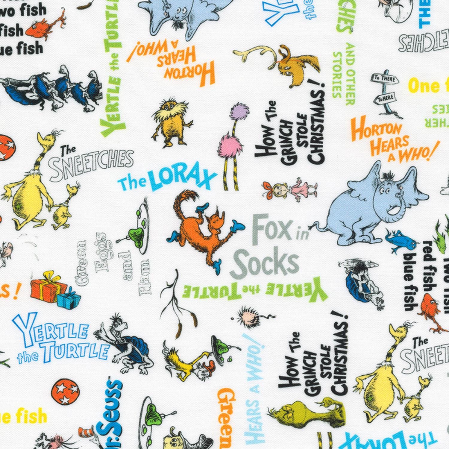 Dr. Seuss Fabric Celebrate Seuss Characters in White 100% Cotton Fabric From Robert Kaufmann