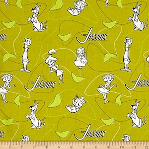 Jetsons Fabric Line Art in Green Premium Quality 100% Cotton Fabric From Camelot