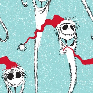 May include: A repeating pattern of Jack Skellington from The Nightmare Before Christmas dressed as Santa Claus. He is wearing a red Santa hat and a white suit. The background is a light blue with a white snow effect.