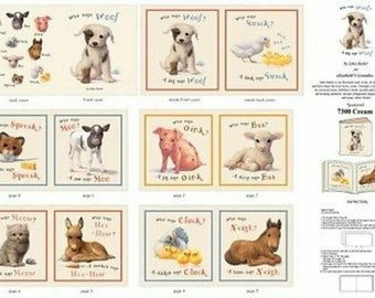 Soft Book Fabric Panel Who Says Woof Animals Sounds in Multi From Elizabeth's Studio 100% Premium Quality Cotton
