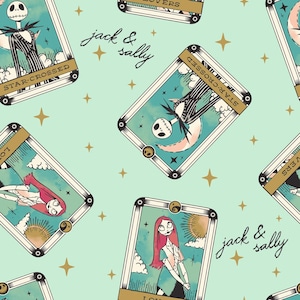 May include: A repeating pattern featuring tarot card illustrations of Jack and Sally from The Nightmare Before Christmas. The cards have gold borders and feature images of Jack Skellington and Sally on a light teal background with gold stars.