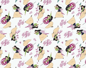Disney Fabric Princess Heart Strong Mulan in White Premium Quality 100% Cotton Fabric From Camelot