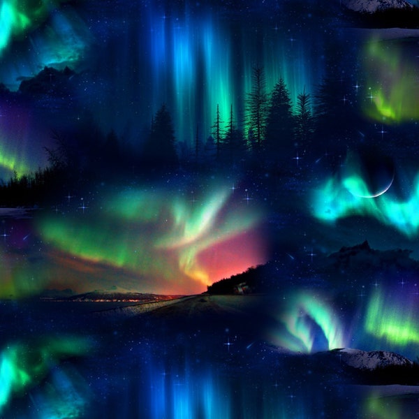 Landscape Fabric Aurora Borealis Northern lights in Multi Premium Quality 100% Cotton Fabric From Camelot