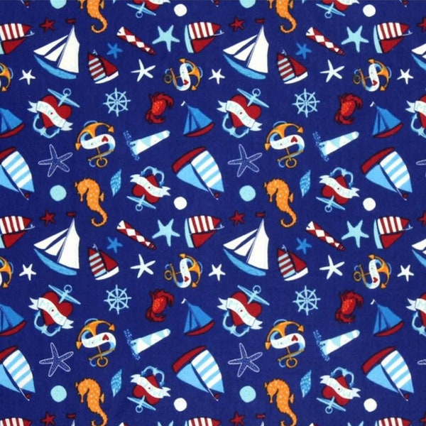 Ahoy Matey Fabric Sailboat in Blue Premium Quality 100% Cotton Fabric From Camelot