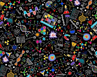 Science Fabric Math Chemistry Physics Biology in Black Premium Quality 100% Cotton Fabric From Timeless Treasures