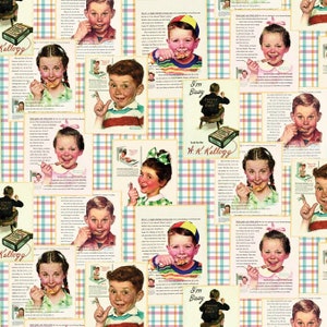 May include: A vintage advertisement for Kellogg's cereal featuring a collage of children eating cereal. The ad features a checkered background and the text "I'm Busy" and "Look for this W.K. Kellogg".