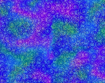 May include: Abstract fabric design featuring a swirling pattern of blue, purple, and green. The design is filled with numerous spiraling shapes and small, scattered yellow accents, creating a dynamic and colorful visual texture.