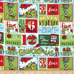 Dr. Seuss Fabric How the Grinch Stole Christmas Holiday Patches 100% Cotton Fabric from Robert Kaufman