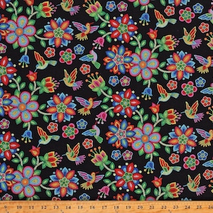 May include: Black fabric with a vibrant floral and hummingbird pattern. The design features colorful flowers in shades of blue, red, orange, and green, along with detailed hummingbirds. The fabric is suitable for various craft projects.