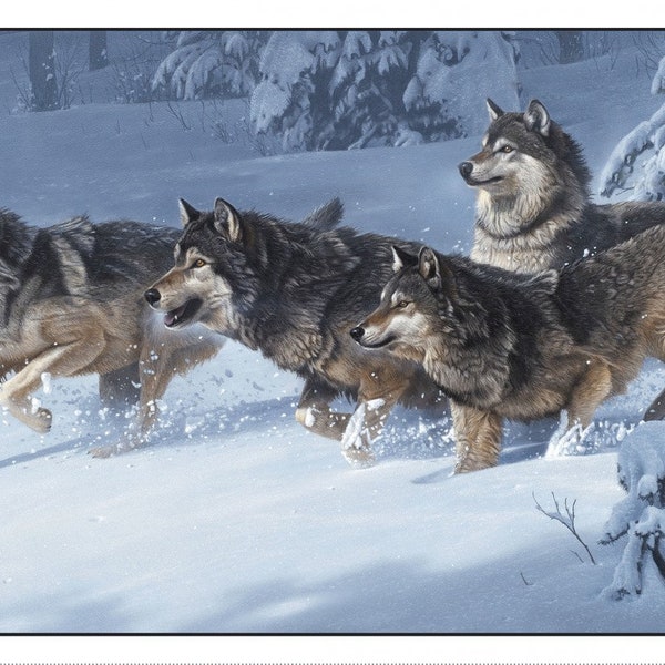 Canis Lupus White Wolves Panel 24"x43" 100% Cotton from Elizabeth Studios