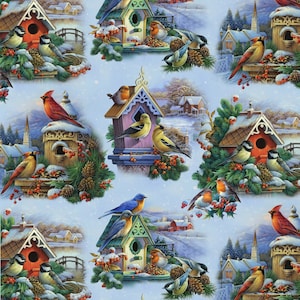 Bird Fabric Winter Song Scenic Snow in Multi Premium Quality 100% Cotton Fabric From Elizabeth&#39;s Studios
