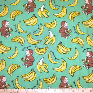 Curious George Yummy Bananas Toss in Green 100% Cotton Fabric From Springs Creative