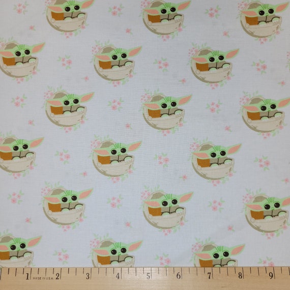 Star Wars Fabric Mandalorian Baby Yoda The Child Ditsy Floral in White 100%  Cotton Fabric From Camelot