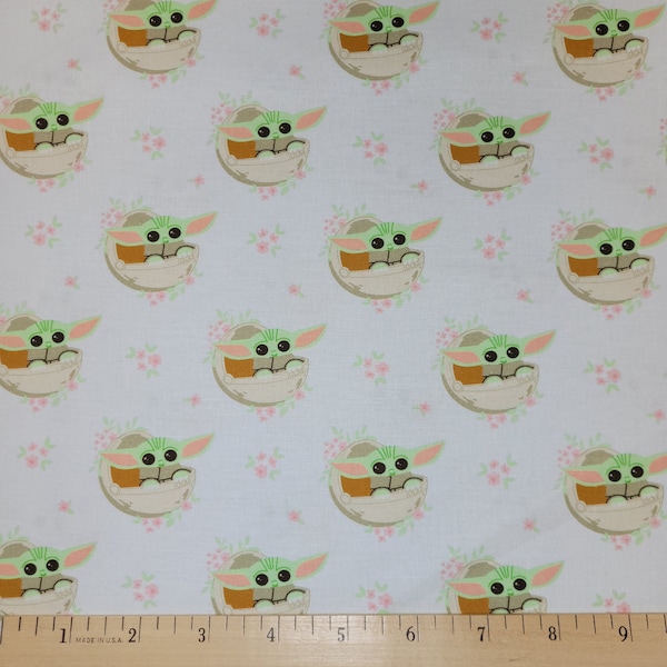 Star Wars Fabric Mandalorian Baby Yoda The Child Ditsy Floral in White 100% Cotton Fabric From Camelot