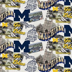 University of Michigan Wolverines Fabric Scenic Map U of M NCAA in White Premium Quality 100% Cotton Fabric From Sykel