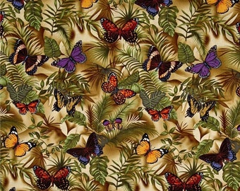 Butterfly Garden Natural Butterflies on Beige 100% Cotton Fabric From Timeless Treasures