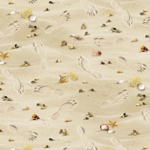 Children of the Sea 2 Sand Shells and Footprint in Sand in Tan 100% Cotton Fabric From Elizabeth&#39;s Studios
