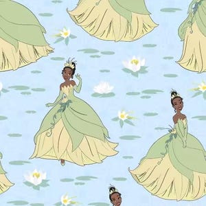 Disney Princess Fabric The Princess and the Frog Tiana and Lily Pad in Blue 100% Cotton Fabric From Springs Creative