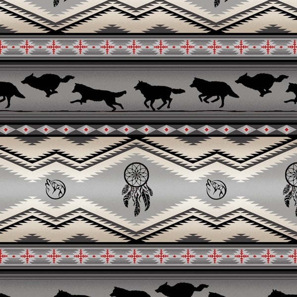 Tucson Southwest Wolf Stripe in Gray 100% Cotton Fabric From Elizabeth's Studios