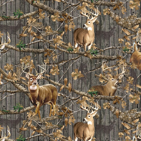 Realtree Fabric Edge Plank Deer in Gray 100% Cotton From Sykel