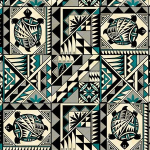 May include: Geometric pattern featuring turtles and abstract shapes in black, teal, and cream. The design includes triangles, squares, and stylized floral elements, creating a repeating, symmetrical composition. The turtles are the focal point.