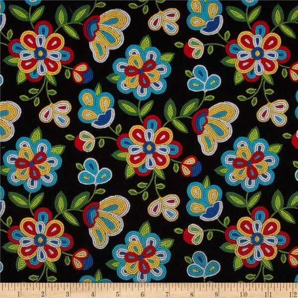 Tucson Beaded Floral in Black 100% Cotton Fabric From Elizabeth's Studios