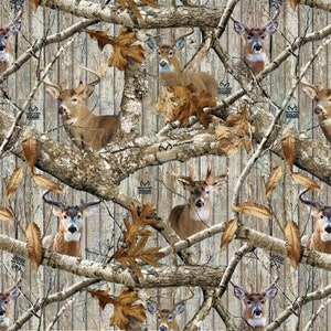Realtree Fabric Edge Plank Deer and Branches in Gray 100% Cotton Fabric from Sykel