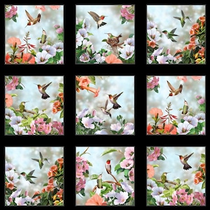 Dating Game Hummingbird Block Panel 24&quot;x43&quot; on Black 100% Cotton Fabric from Elizabeth Studios