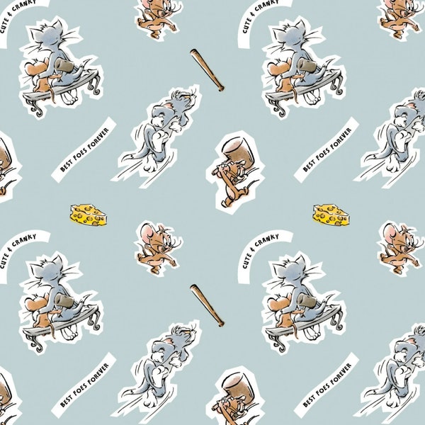 Tom and Jerry Fabric Foes Forever in Blue Hanna-Barbera Premium Quality 100% Cotton Fabric From Camelot