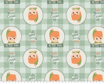 Disney Fabric Peter Pan Fabric Plaid Badges in Green Premium Quality 100% Cotton Fabric From Camelot