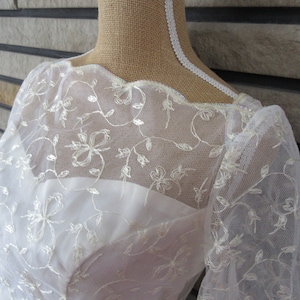 Vintage Wedding Dress, Bridal Gown, Ivory Tule and Satin Dress, Mid Century Wedding Dress, Embroidered Tule Gown